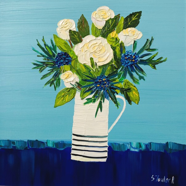'White Roses and Sea Holly' by artist Sheila Fowler